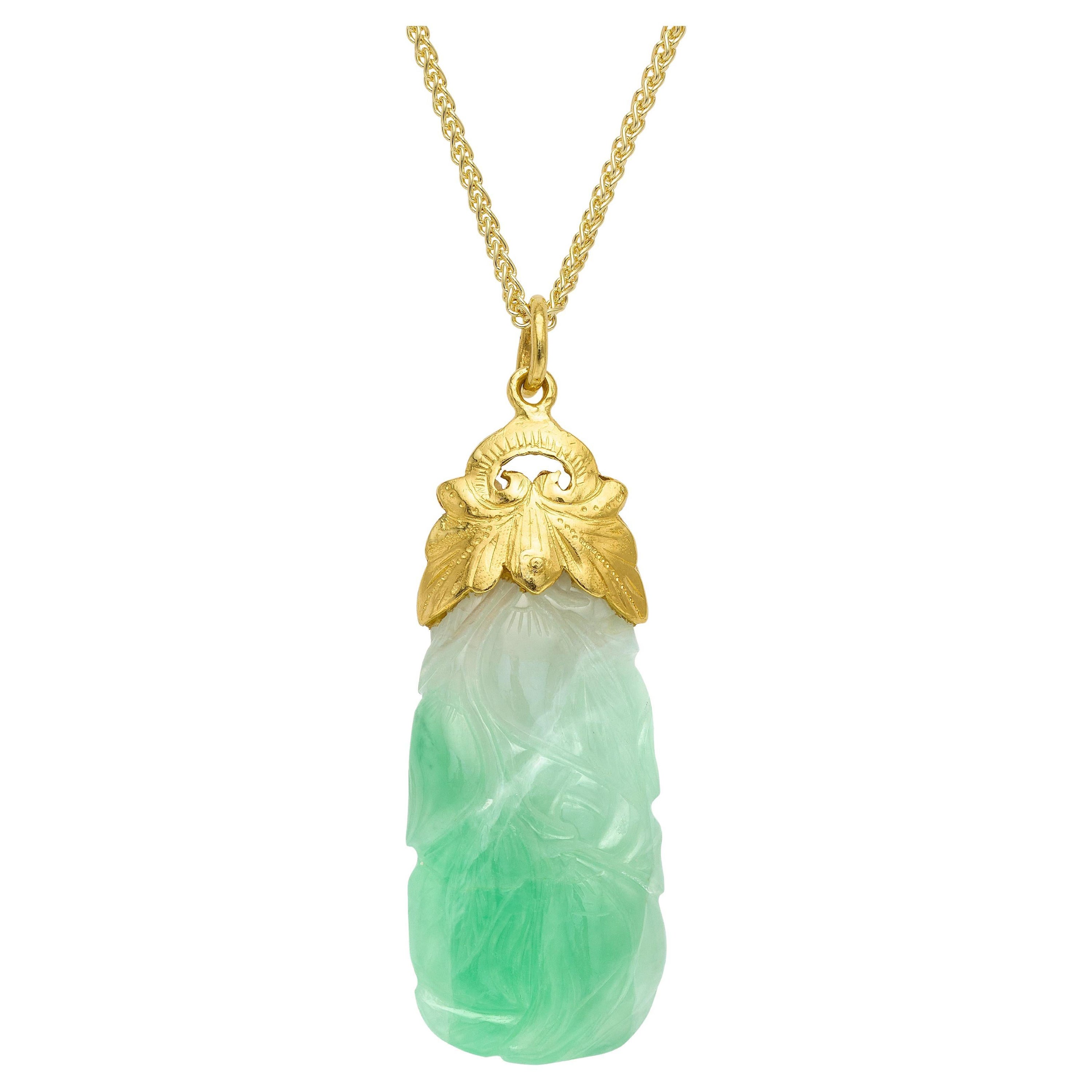 1970s 24k Yellow Gold Carved Jadeite Pendant For Sale
