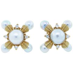 Vintage Elizabeth Gage Pearl Diamond Gold Statement Earrings