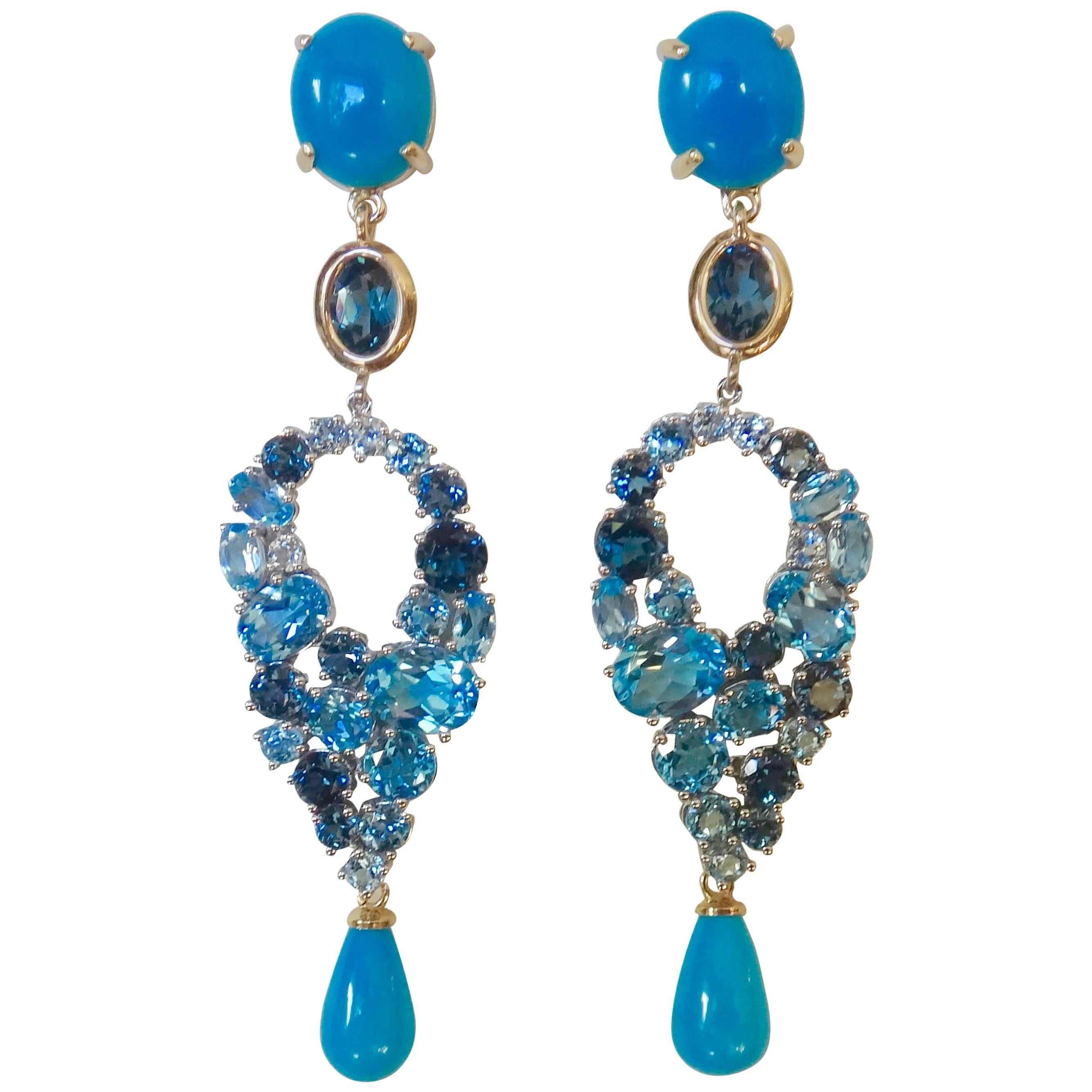 Sleeping Beauty Turquoise Blue Topaz Two Color Gold Dangle Earrings