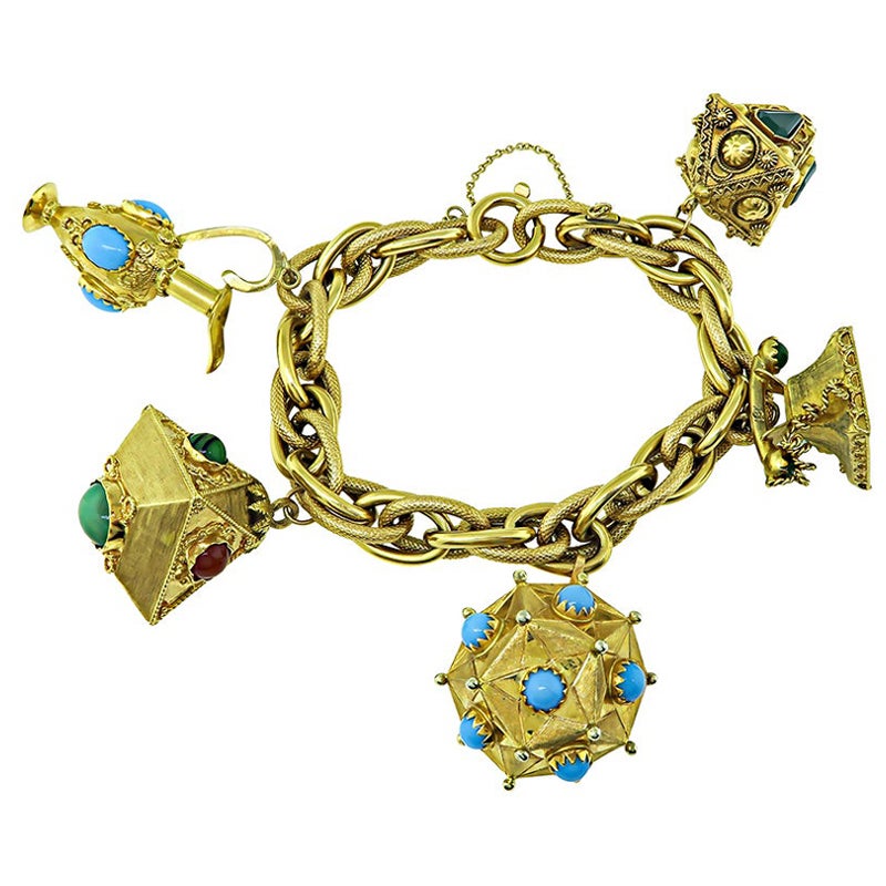 Multi Color Gemstone Gold Charm Bracelet For Sale