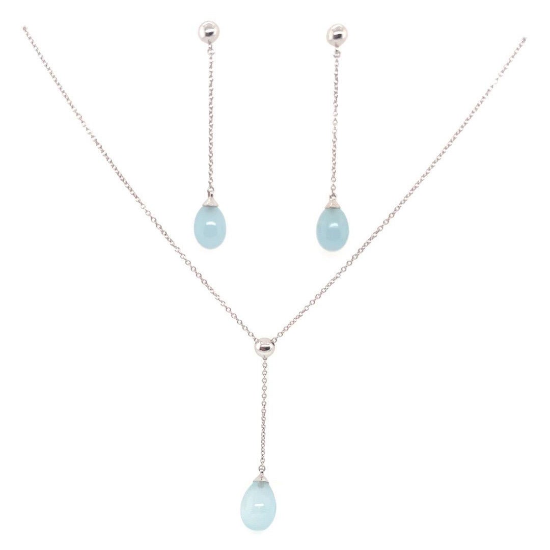 Original Tiffany & Co White Gold Natural Aquamarine Drop Earring and Pendant Set For Sale
