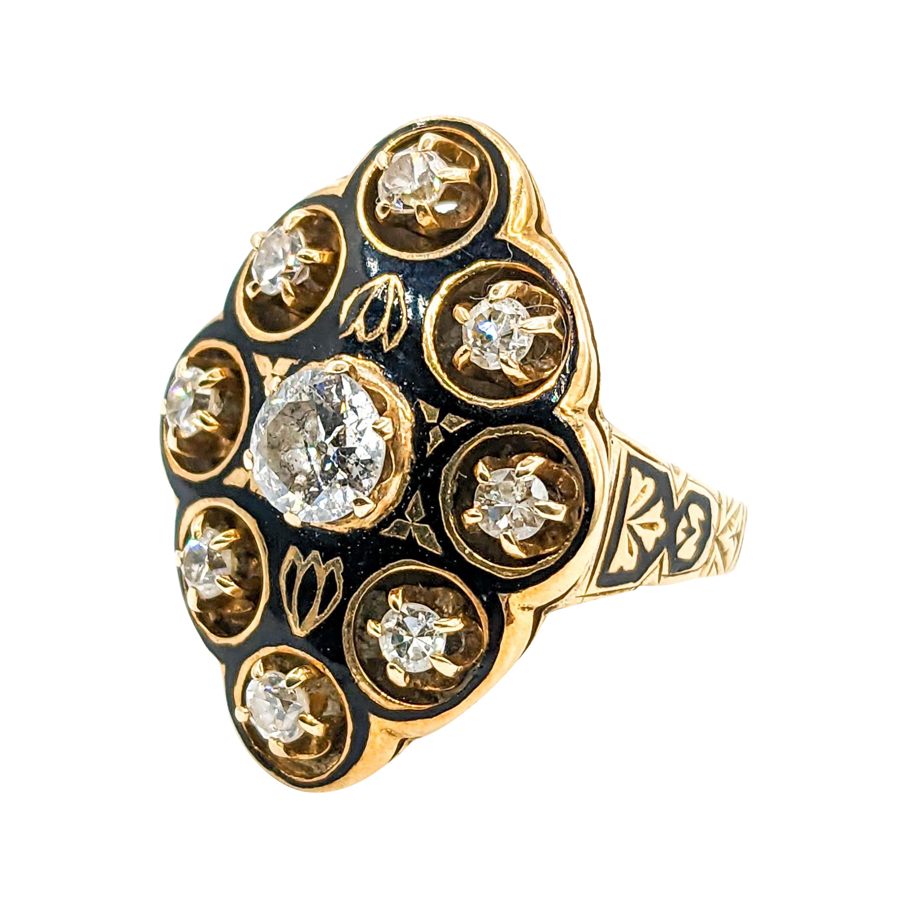 Yellow Gold & Enamel .70ctw Old European Cut Diamond Ring For Sale