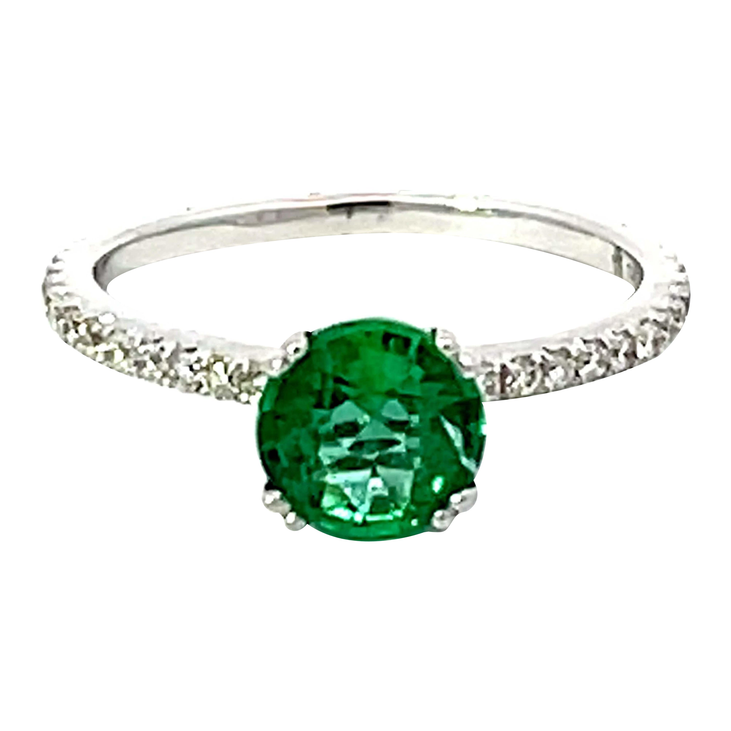 Colombian Emerald Diamond Band Ring Solid 18k White Gold For Sale
