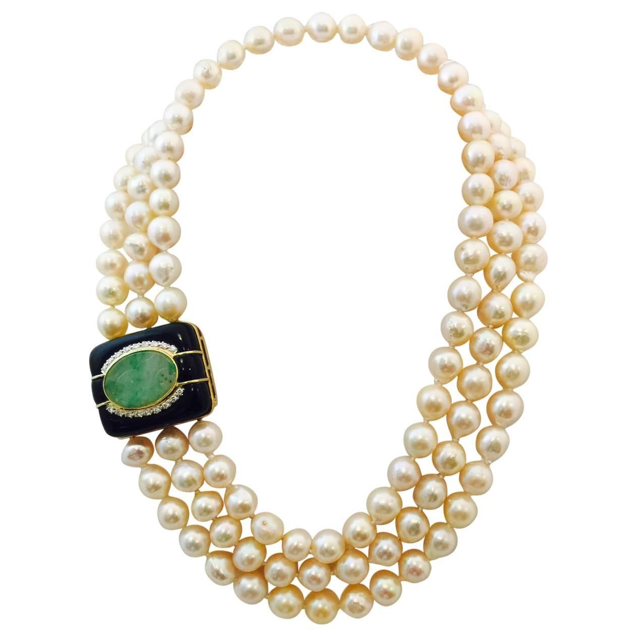  1980s Custom Triple Row Freshwater Baroque  Pearls and Onyx Jade Gold Clasp For Sale