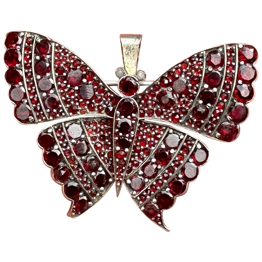 Pendentif ou broche d'antiquités de Bohème en argent, grenat rouge, perle, papillon et insect.