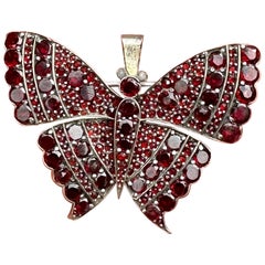 Antique Bohemian Red Garnet Pearl Butterfly Insect Pendant Or Brooch Silver