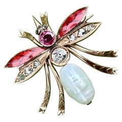 Vintage Old Mine Diamond Ruby Sapphire Enamel Insect Bug Fly Brooch Art Nouveau Gold
