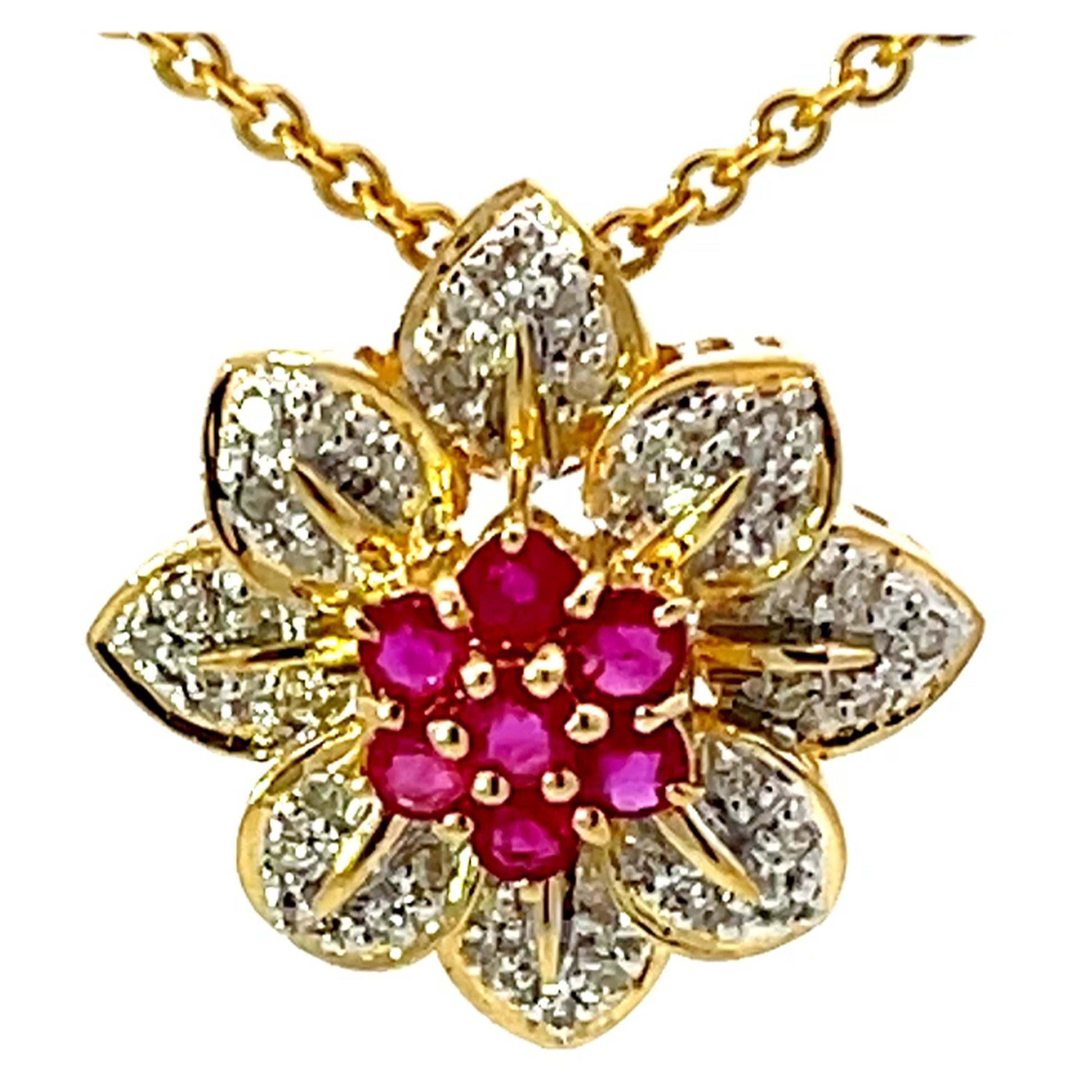 Ruby and Diamond Flower Necklace Solid 18k Yellow Gold For Sale