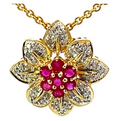 Retro Ruby and Diamond Flower Necklace Solid 18k Yellow Gold