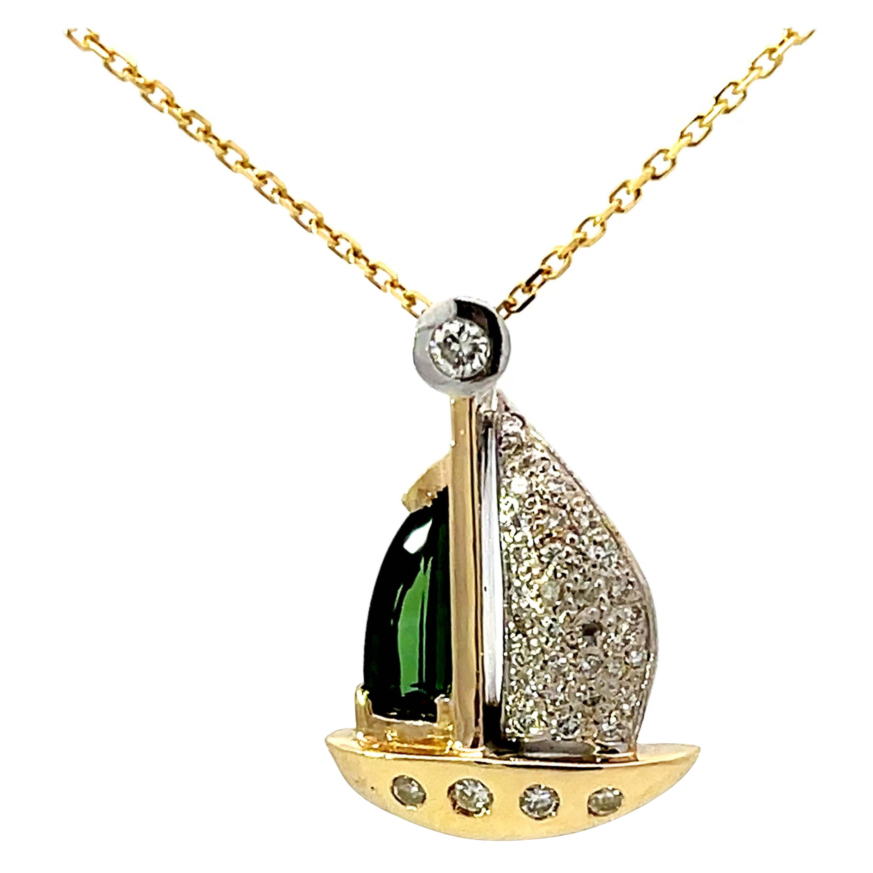 Tourmaline Diamond Boat Necklace Solid 14k Yellow Gold For Sale