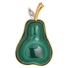 Vintage Pear Pendant Malachite Diamond 14k Yellow Gold Fine Jewelry Fruit
