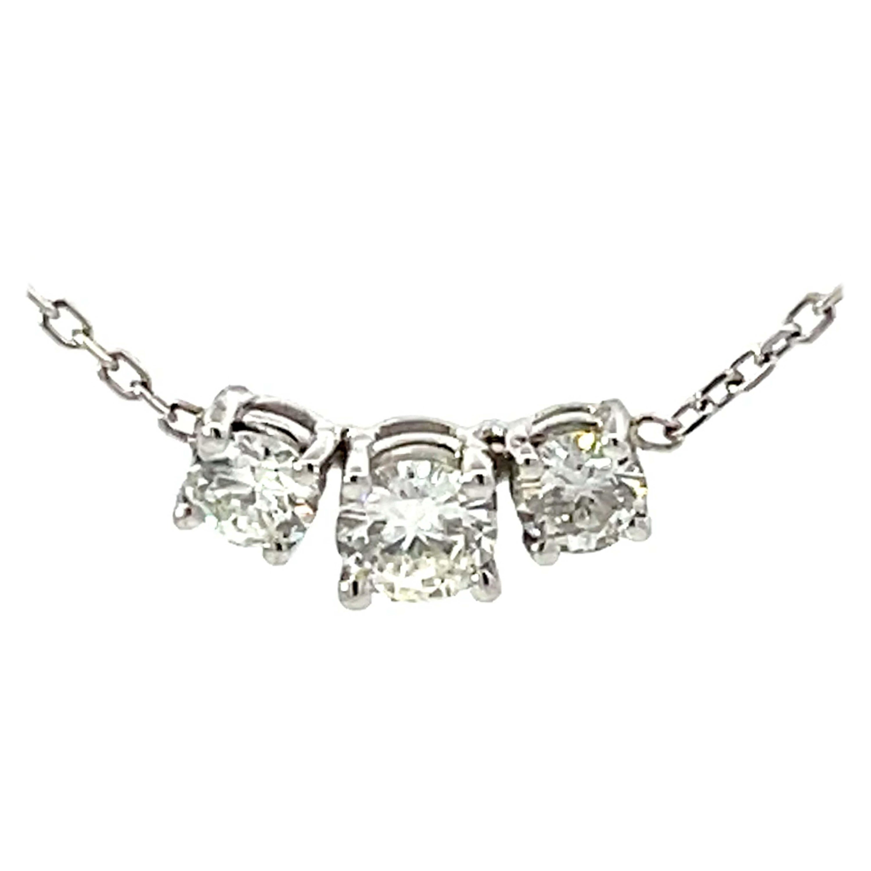 Three Diamond Necklace Solid 14k White Gold For Sale