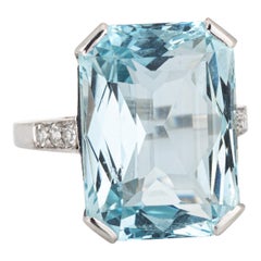 Vintage 13.50ct Aquamarine Diamond Ring Art Deco Platinum Sz 6.5 Fine Jewelry