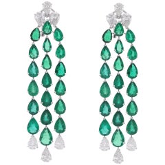 Pear Zambian Emerald Gemstone Chandelier Earrings Diamond 14 Karat White Gold