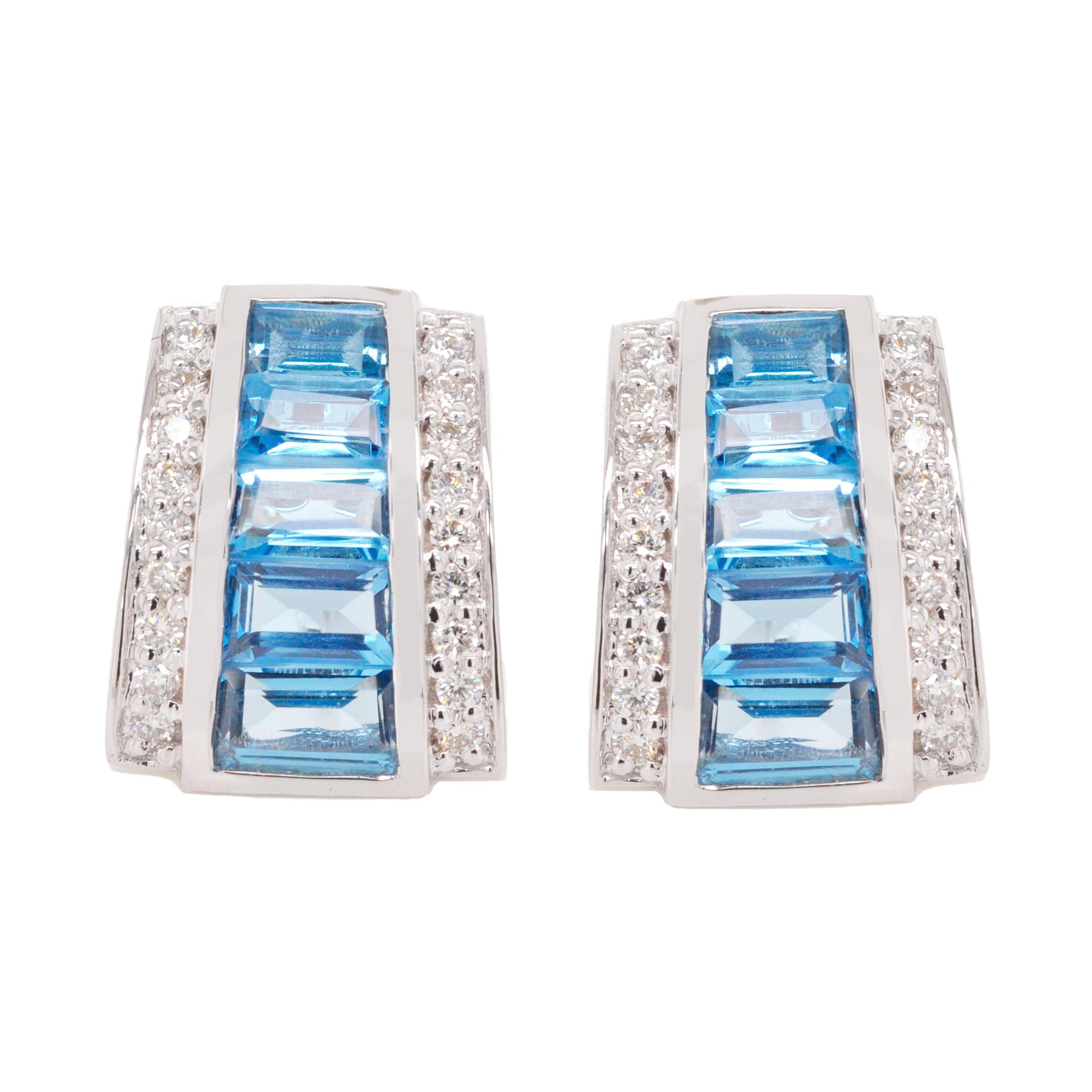 18K Gold White Blue Topaz Channel-set Baguettes Pyramid Diamond Stud Earrings For Sale