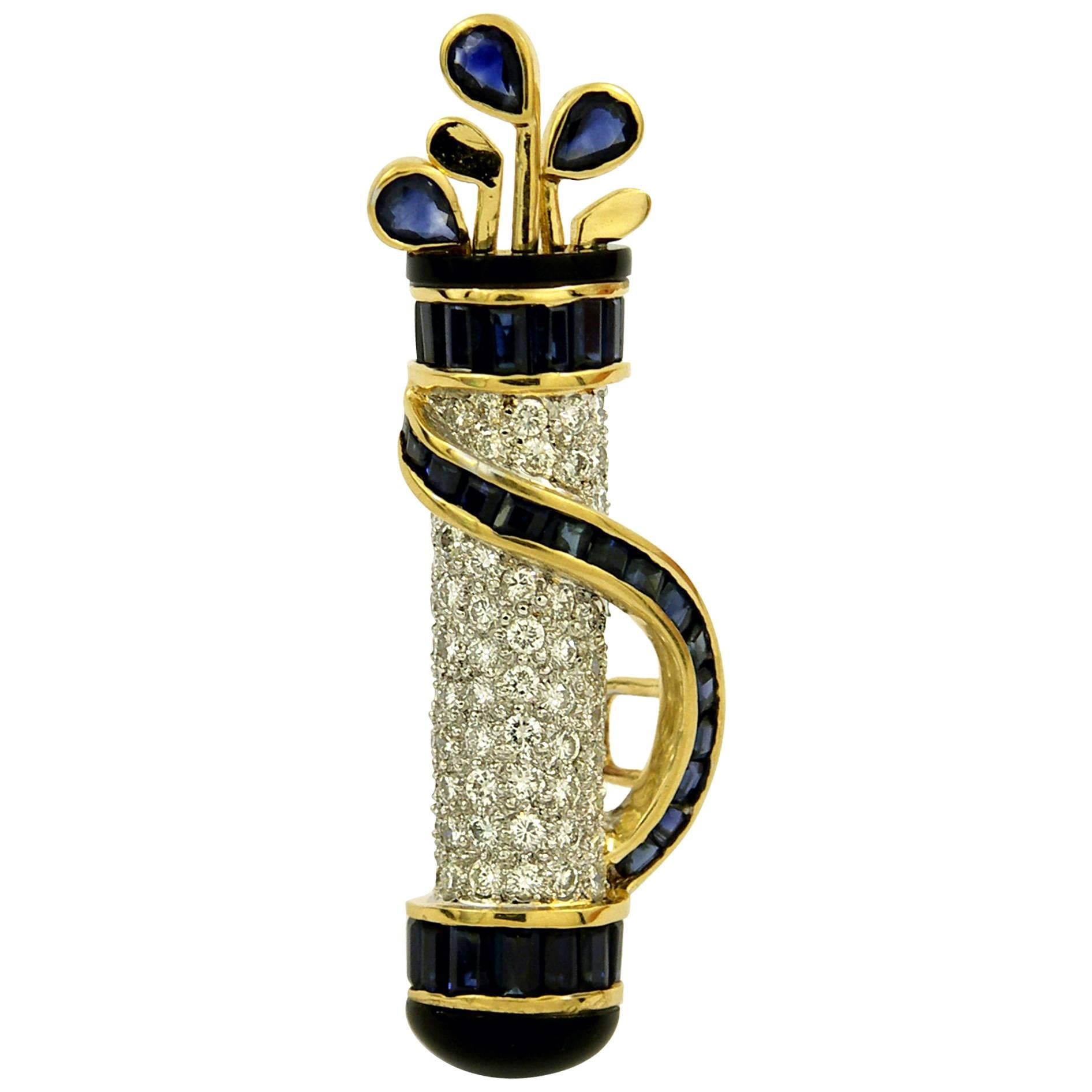 Gold Diamond Sapphire Golf Bag Brooch