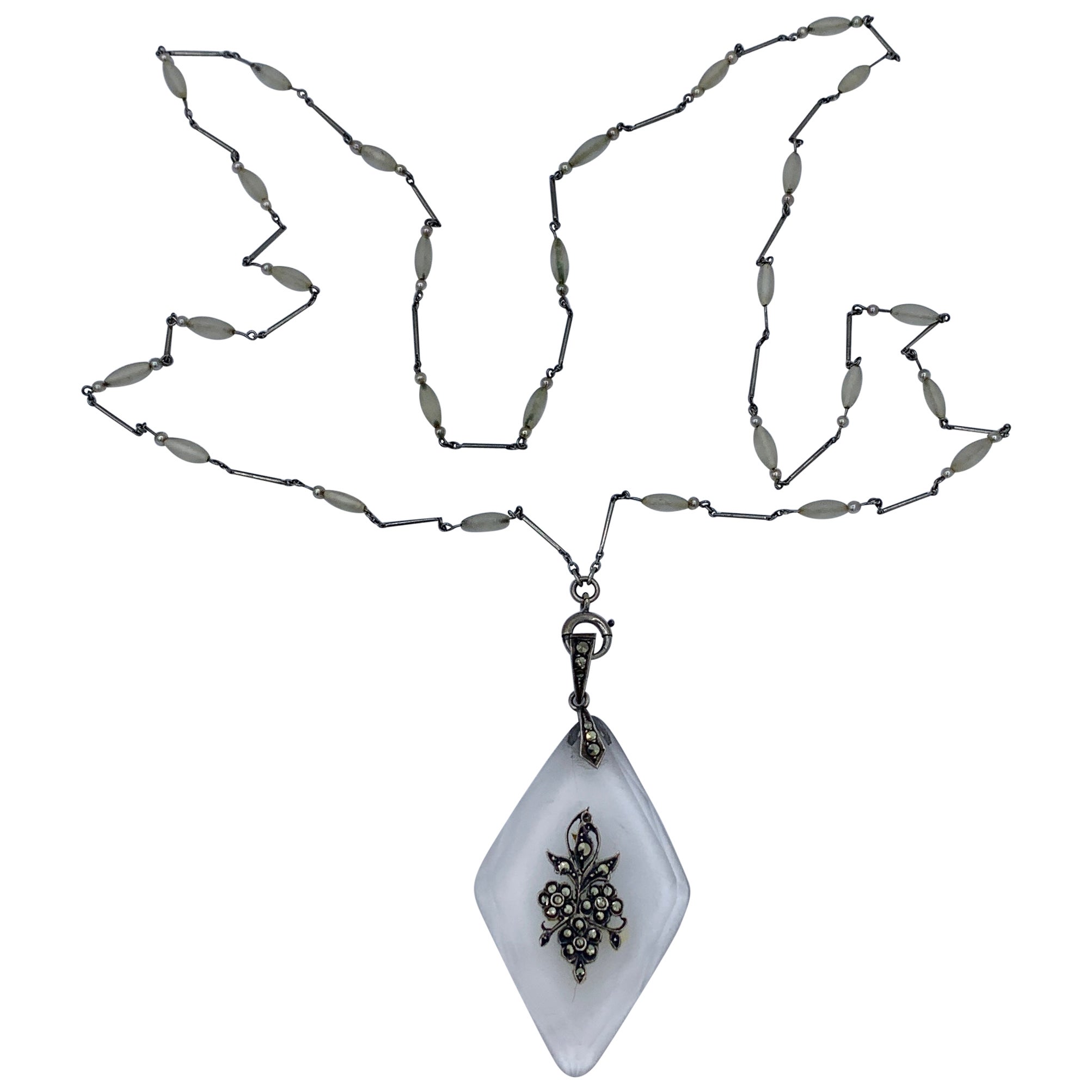 Art Deco Blumenhalskette Bergkristall Perle Marcasite Sterling Silber Seltene Kette