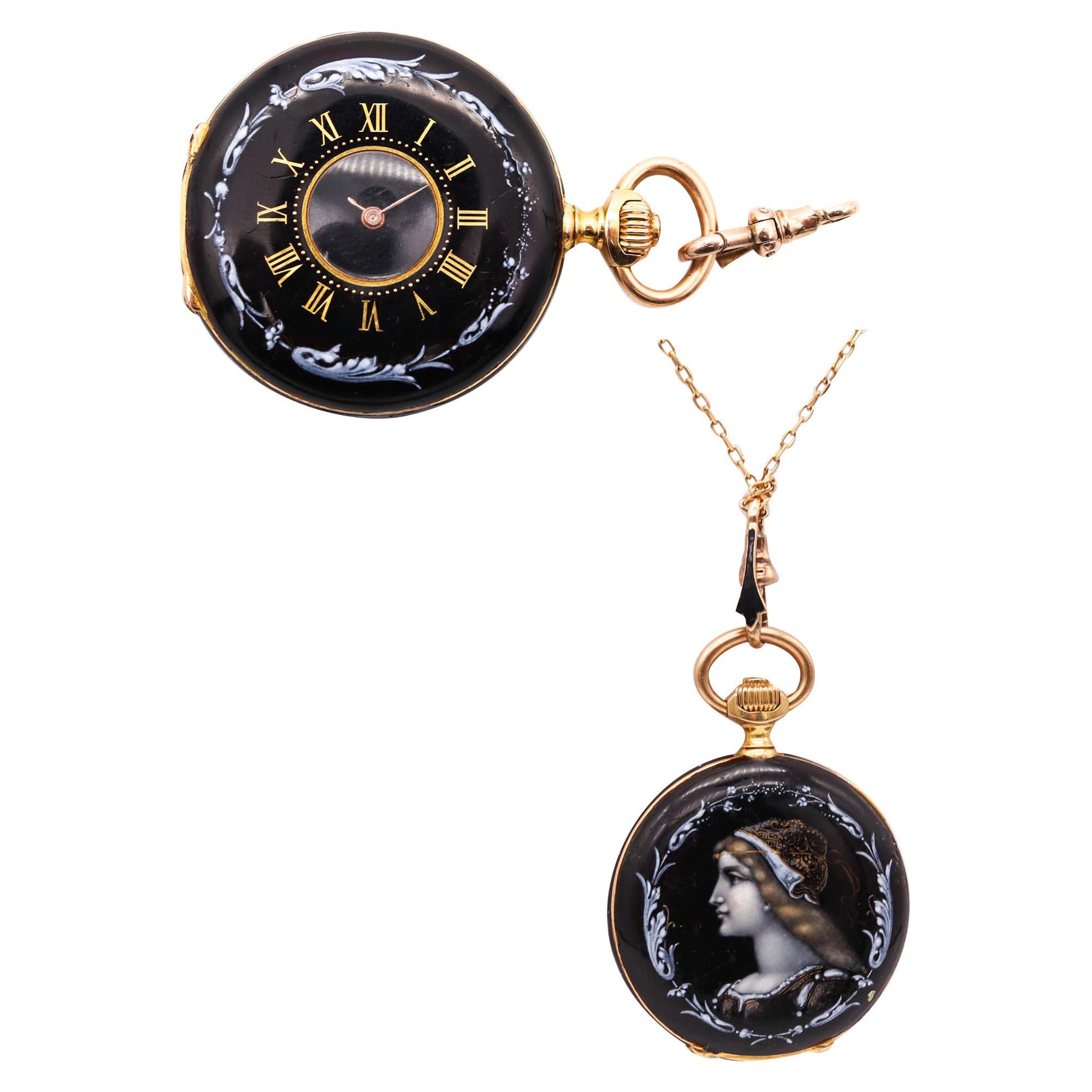 Jean-Moïse Badollet Co. 1886 Geneva Hunter Pocket Watch en or 18Kt avec émail en vente