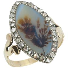 Georgian Moss Agate and Diamond Navette Ring