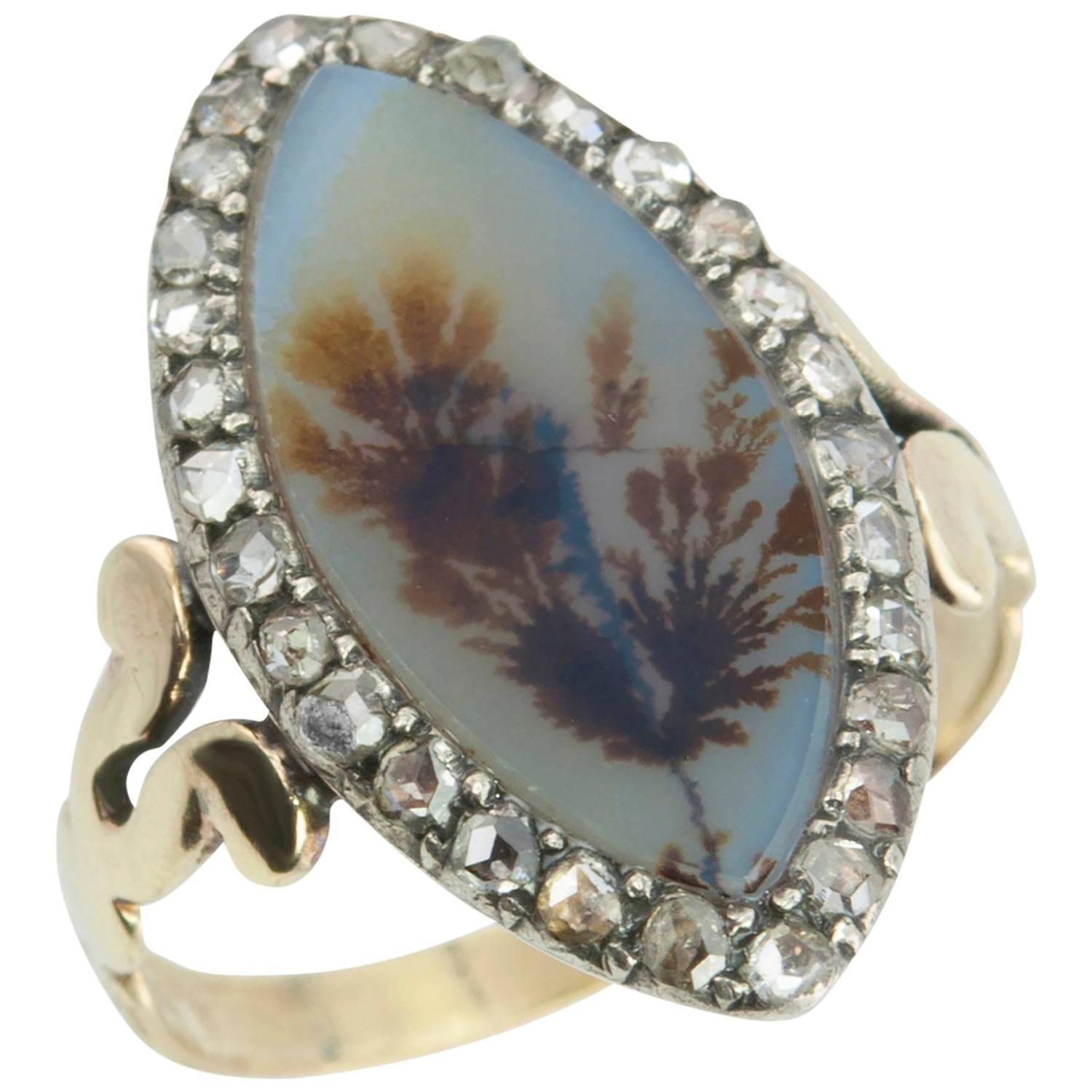 Moss Agate and Diamond Navette Ring For Sale at 1stdibs