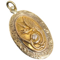 Antique Victorian Gothic 14k Yellow Gold & Diamond Winged Dragon Pendant 