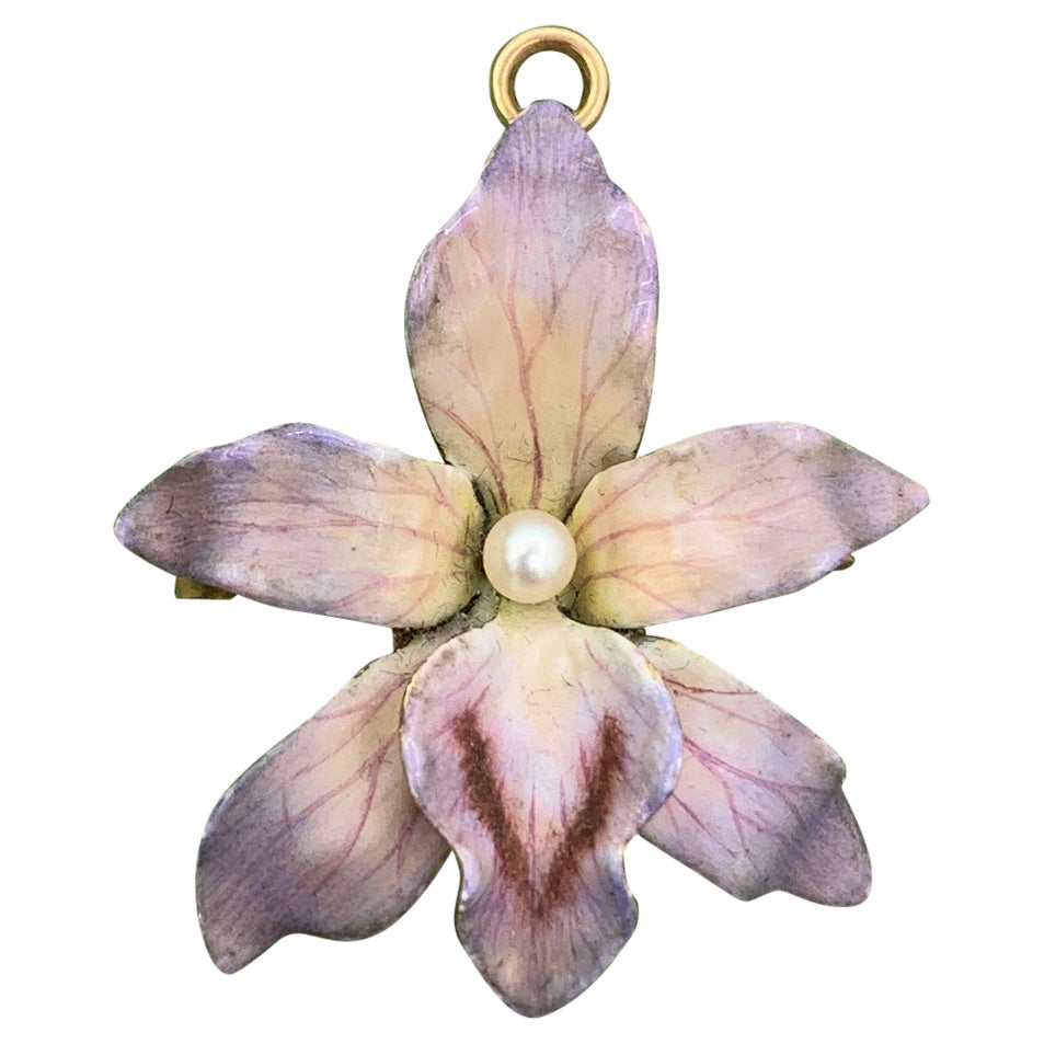 Enamel Orchid Flower Pendant Necklace Or Brooch Gold Victorian Art Nouveau