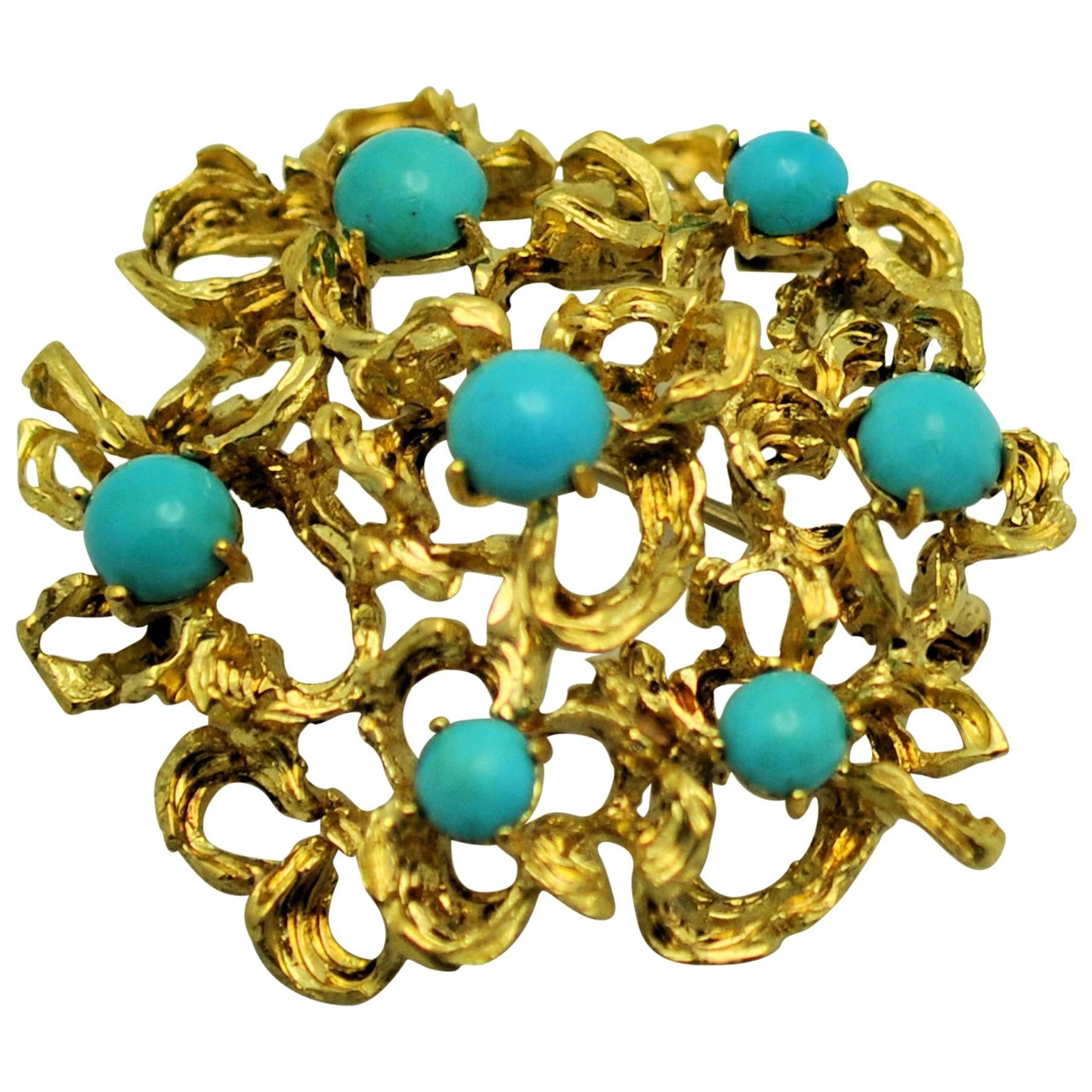 1960s Italian Turquoise Gold Textured Brooch For Sale