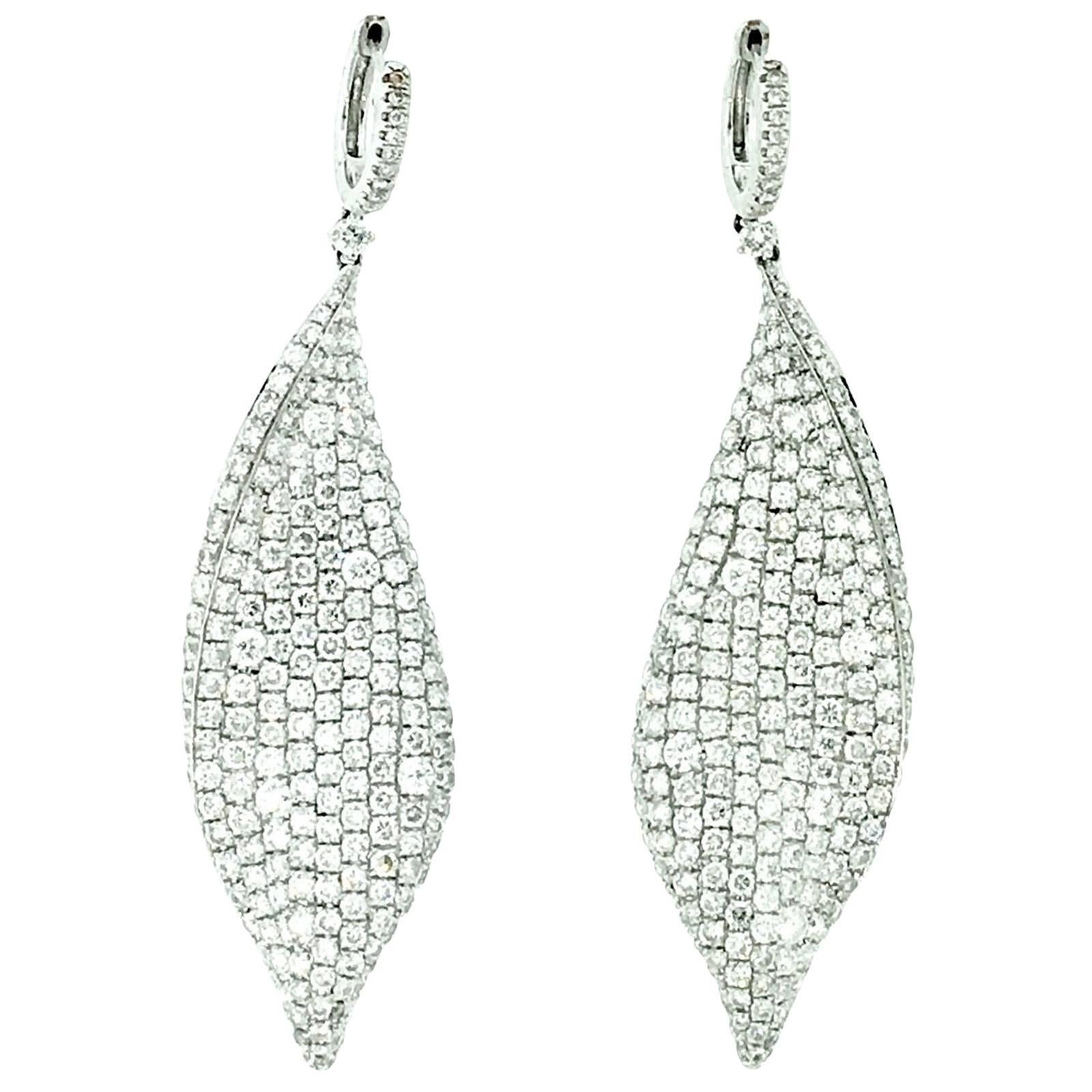 Diamond Pave Leaf Dangle Drop Earrings 8.71 cttw in 18K White Gold For Sale