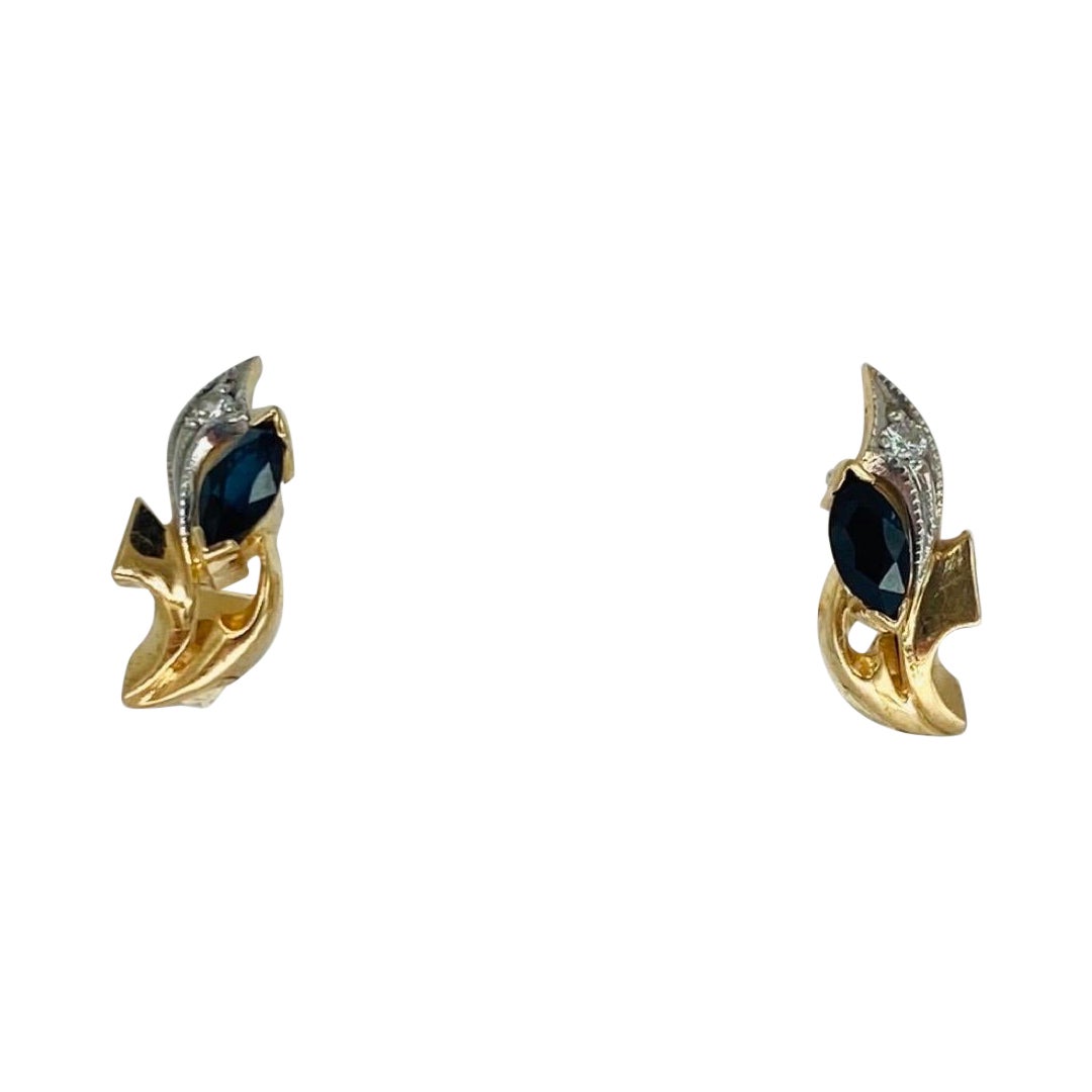 Boucles d'oreilles rétro russes en or 14 carats, saphir 0,55 carat et diamants