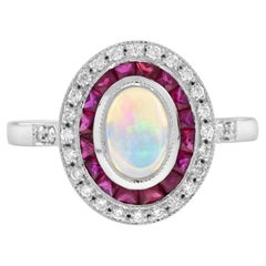 Australian Opal Ruby Diamond Art Deco Style Oval Halo Ring in 14K White Gold