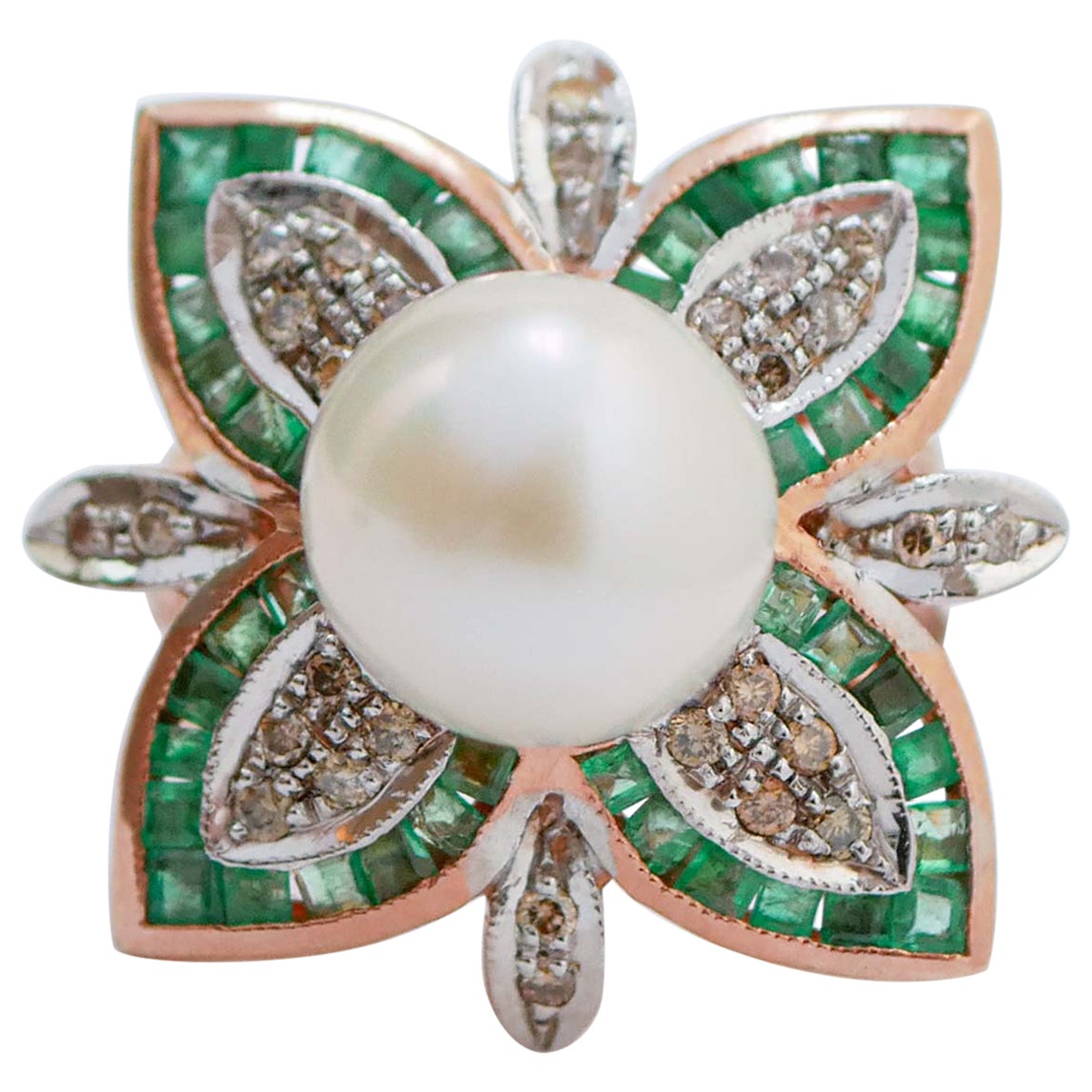 Emeralds, Diamonds, Pearl, Rose Gold and Silver Retrò Ring For Sale