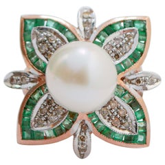 Vintage Emeralds, Diamonds, Pearl, Rose Gold and Silver Retrò Ring