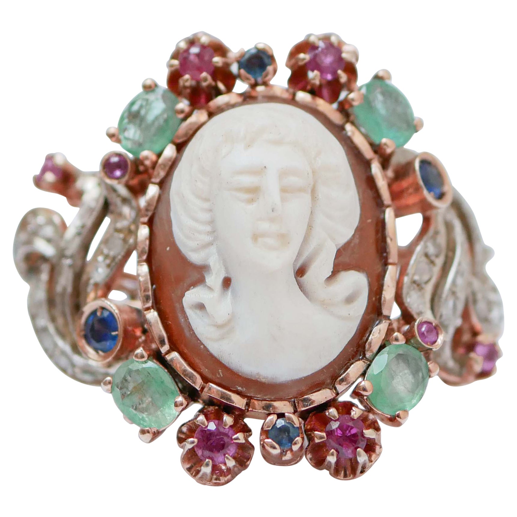 Cameo, Emeralds, Rubies, Sapphires, Diamonds, 14 Karat Rose Gold and Silver Ring For Sale