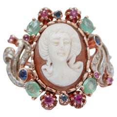 Vintage Cameo, Emeralds, Rubies, Sapphires, Diamonds, 14 Karat Rose Gold and Silver Ring