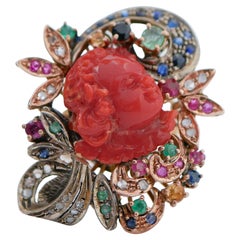 Dark Red Coral, Emeralds, Rubies, Sapphires, Diamonds, Rose Gold and Silver Ring