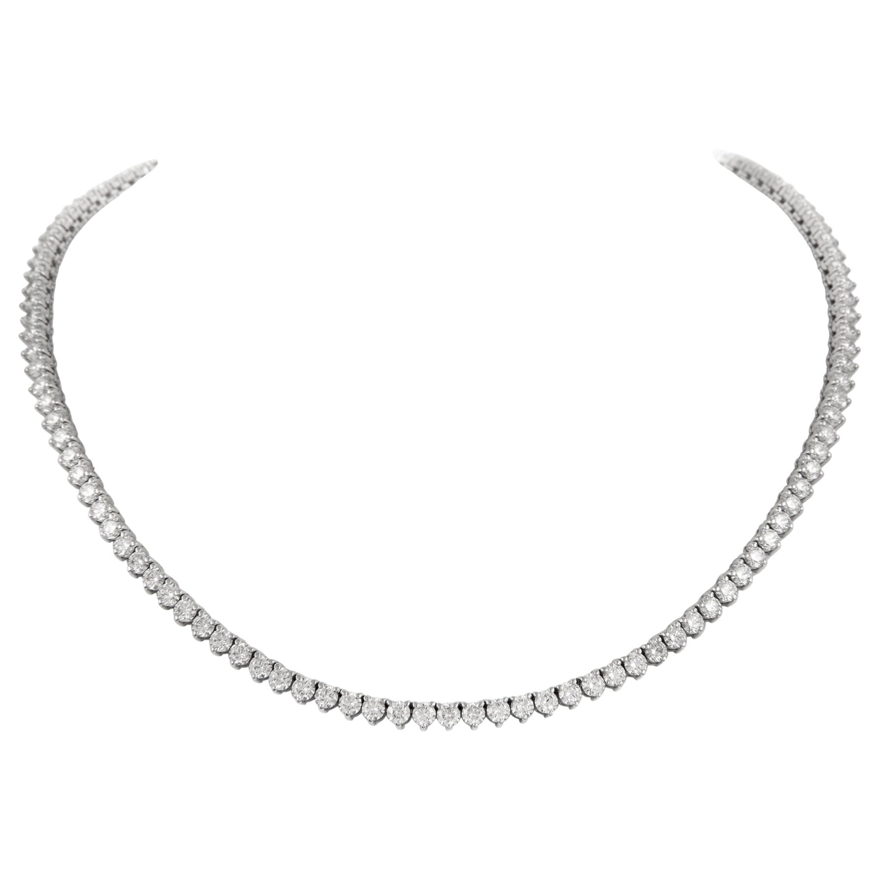 Alexander 16.26 Carat Diamond Tennis Necklace Three Prong 18k White Gold For Sale