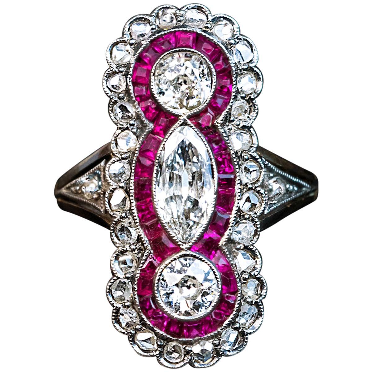 Antique Russian Diamond Ruby Long Ring