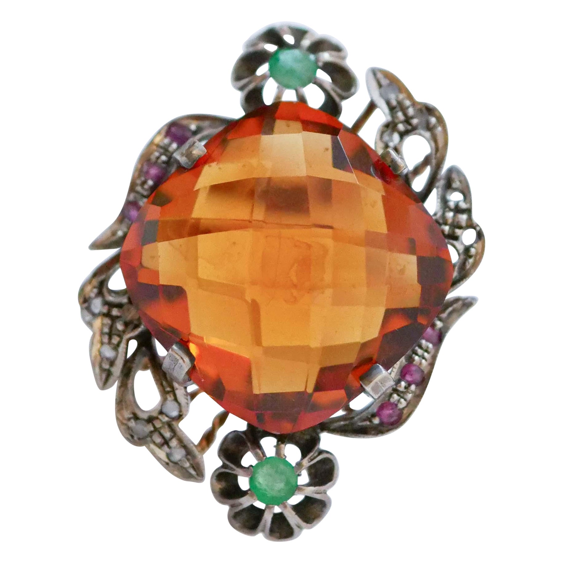 Topaz, Emeralds, Rubies, Diamonds, Rose Gold and Silver Ring.