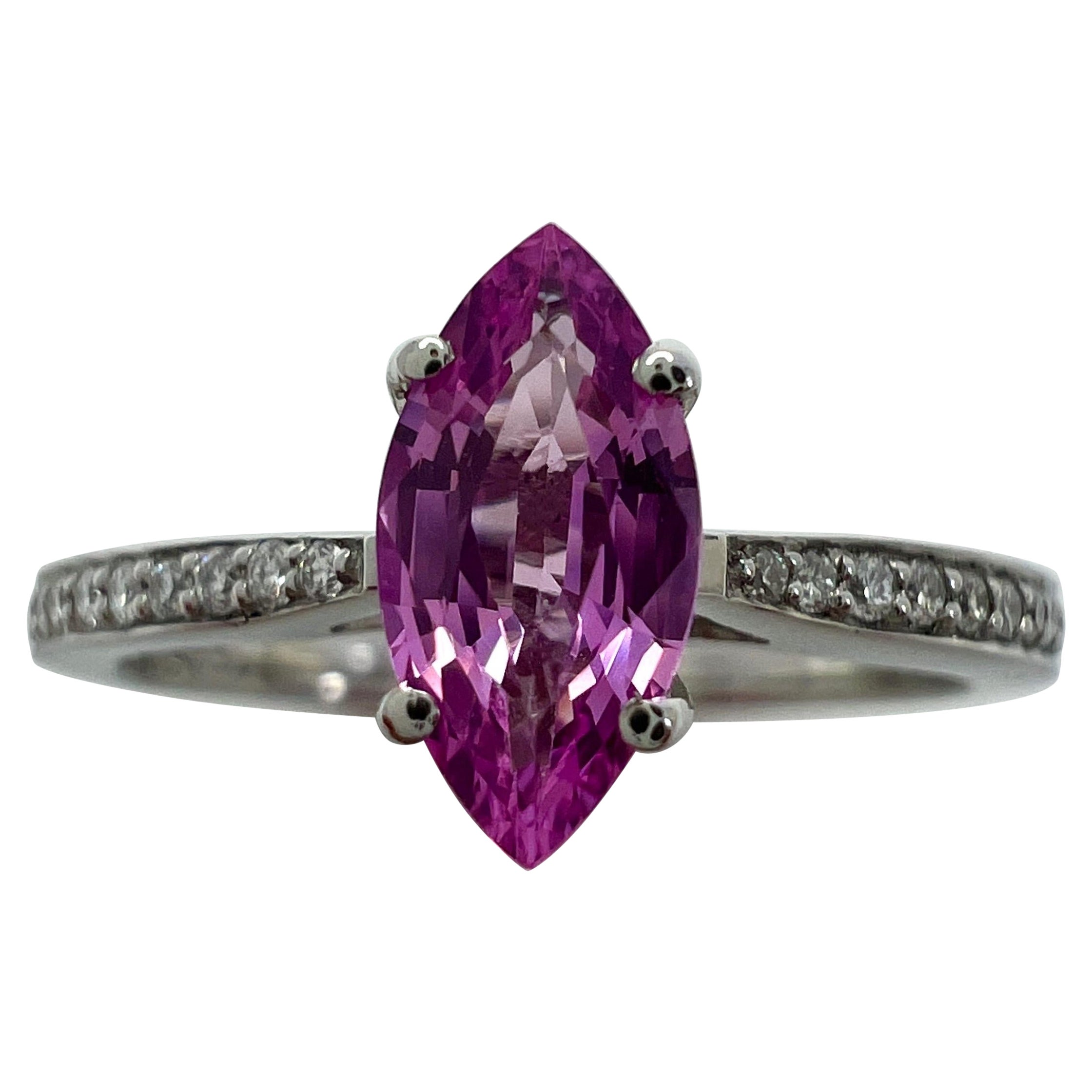 Fine Vivid Pink Ceylon Sapphire And Diamond Marquise Cut Platinum Solitaire Ring For Sale