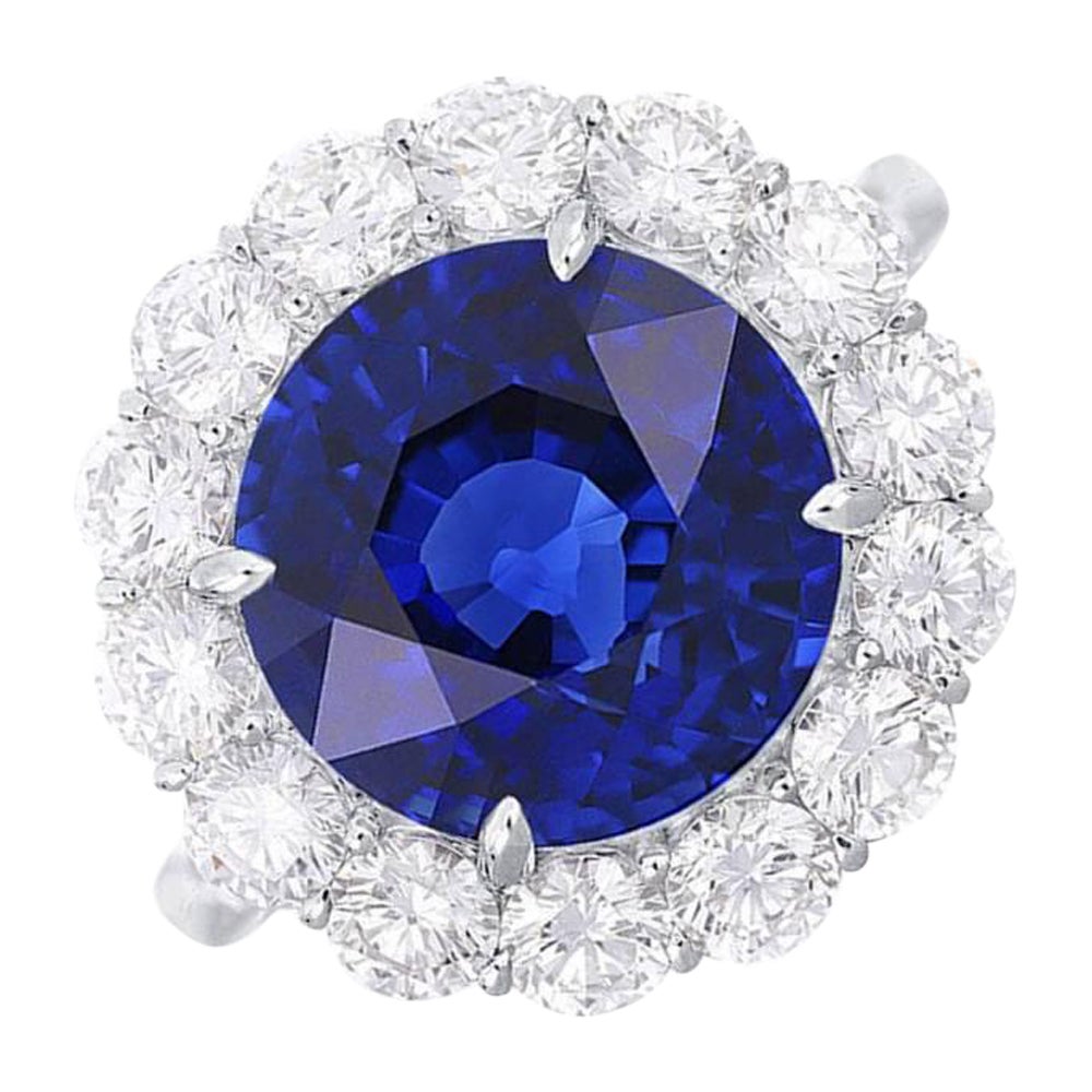 8.39ct Natural Ceylon Sapphire Engagement Ring, G Color, Diamond Halo, Platinum For Sale