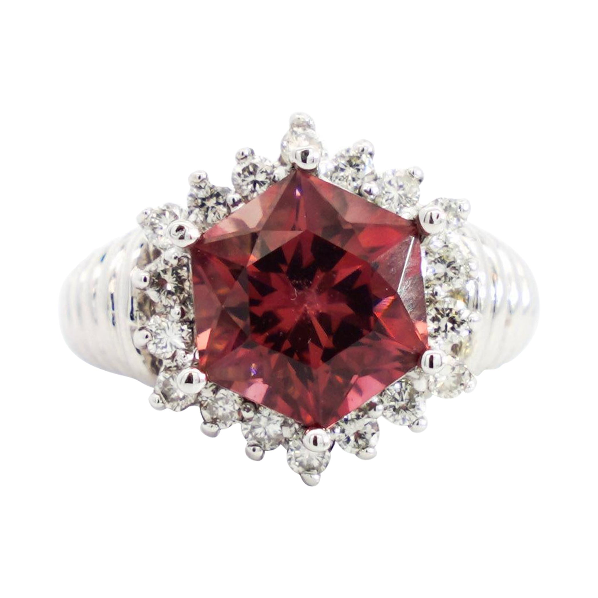 GIA Certified Hexagon Pink Tourmaline with Diamond Halo Star Shape Ring For Sale