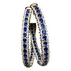 Estate 18K LARGE Diamant Saphir Leverback Hoop Earrings 18cttw