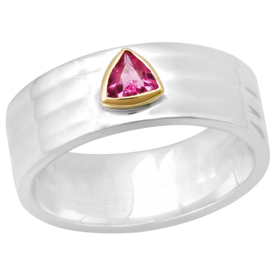 "Liquid Metal" Ster Silver Wide Hammered Band with KNIFE EDGE Pink Tourmaline For Sale