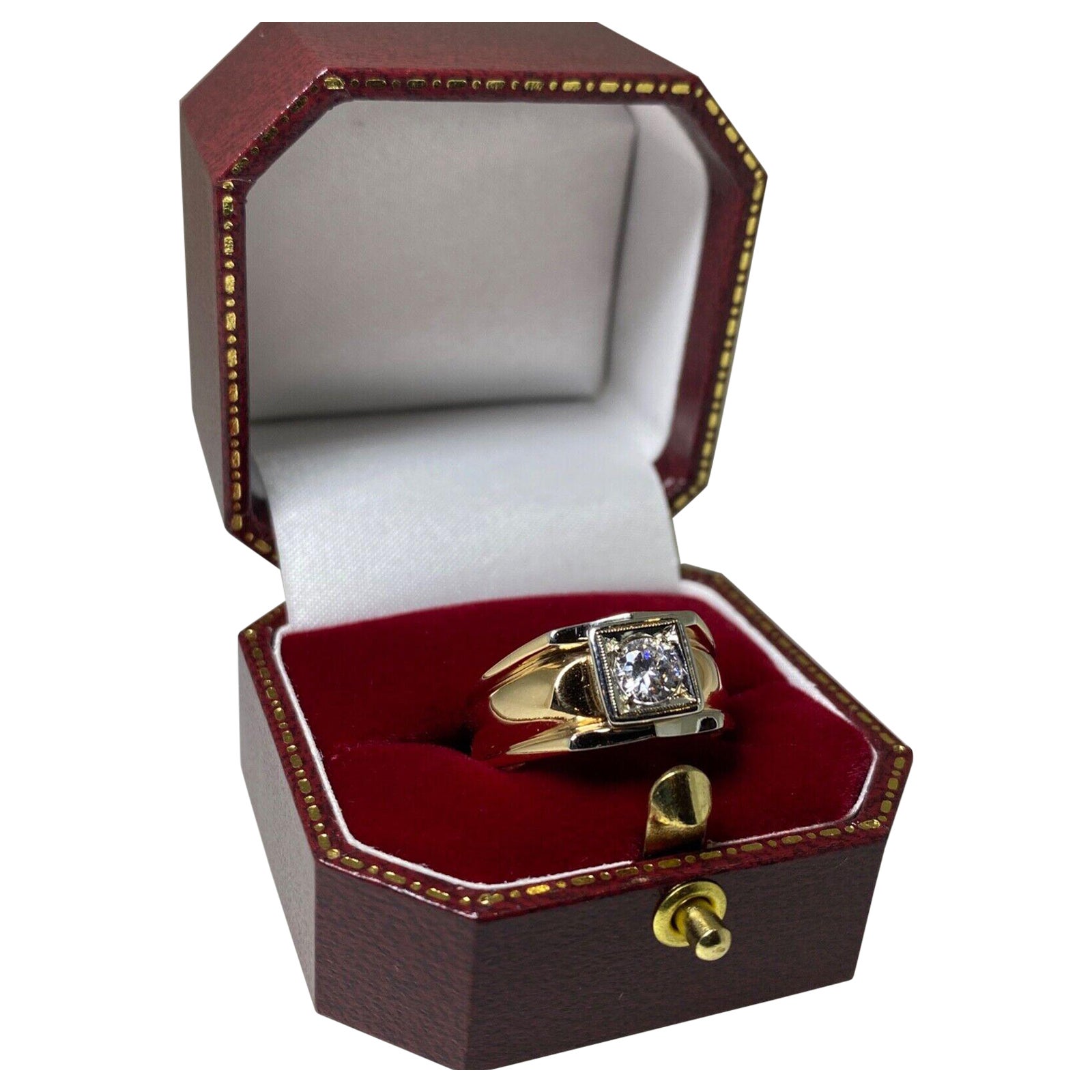 Bague chevalière pour homme de 0,45ct de diamant en or rose et blanc 18K bicolore. Rétro, c1950