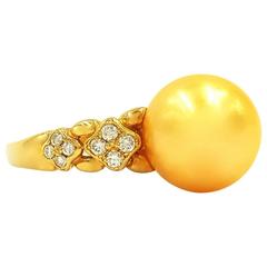 Vintage Rich Golden South Sea Pearl Diamonds Gold Ring 