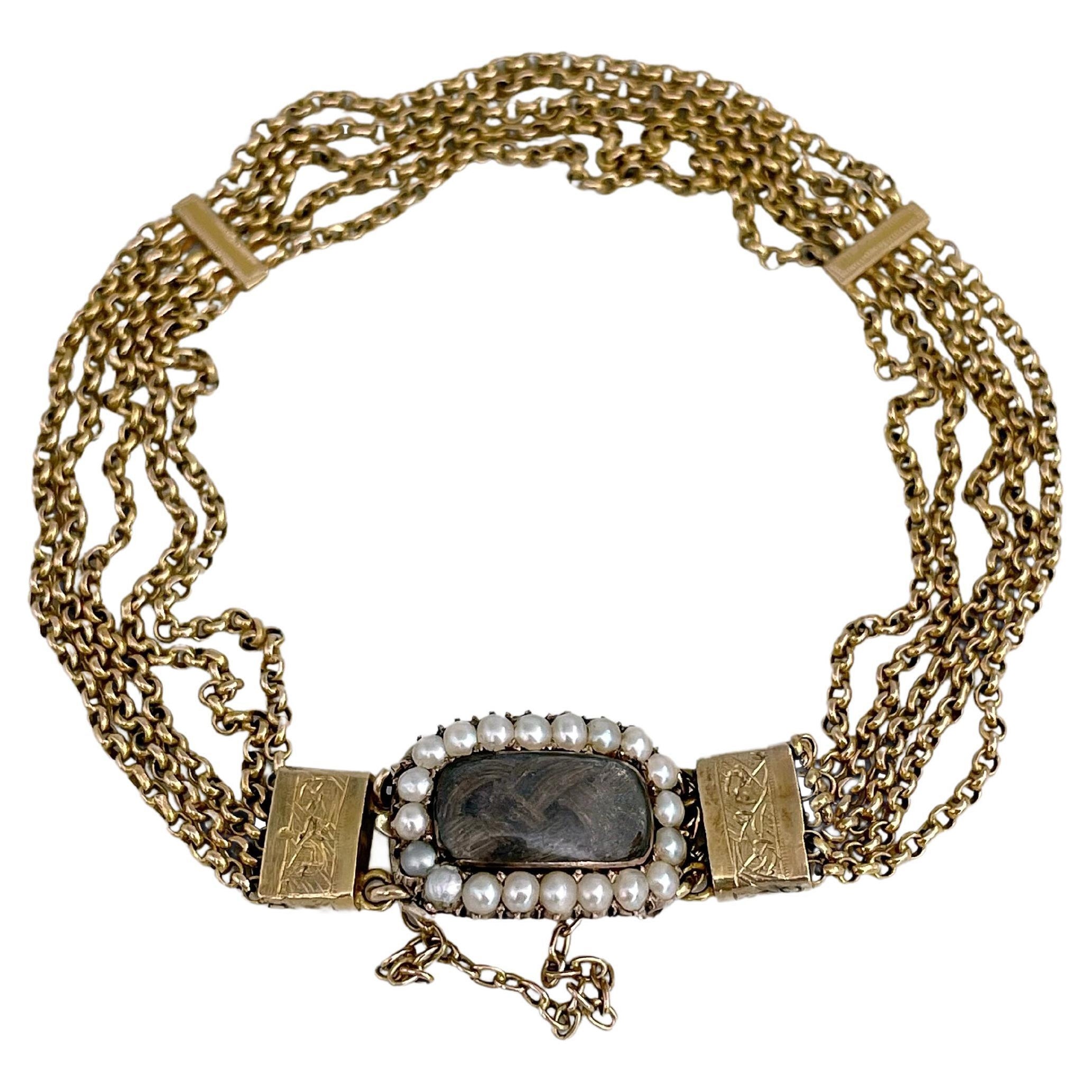 Victorian 18 Karat Gold Woven Hair Pearl Locket Multi-Strand Chain Bracelet For Sale