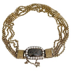 Victorian 18 Karat Gold Woven Hair Pearl Locket Multi-Strand Chain Bracelet