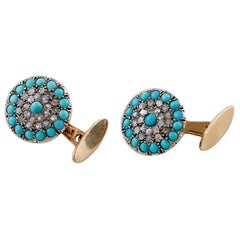 Vintage Diamonds, Turquoise, Rose Gold and Silver Cufflinks