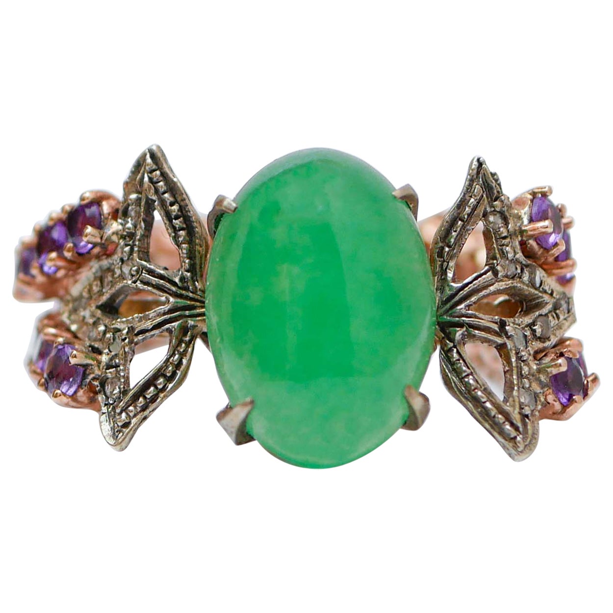 Jade, Amethysts, Diamonds, Rose Gold and Silver Ring.