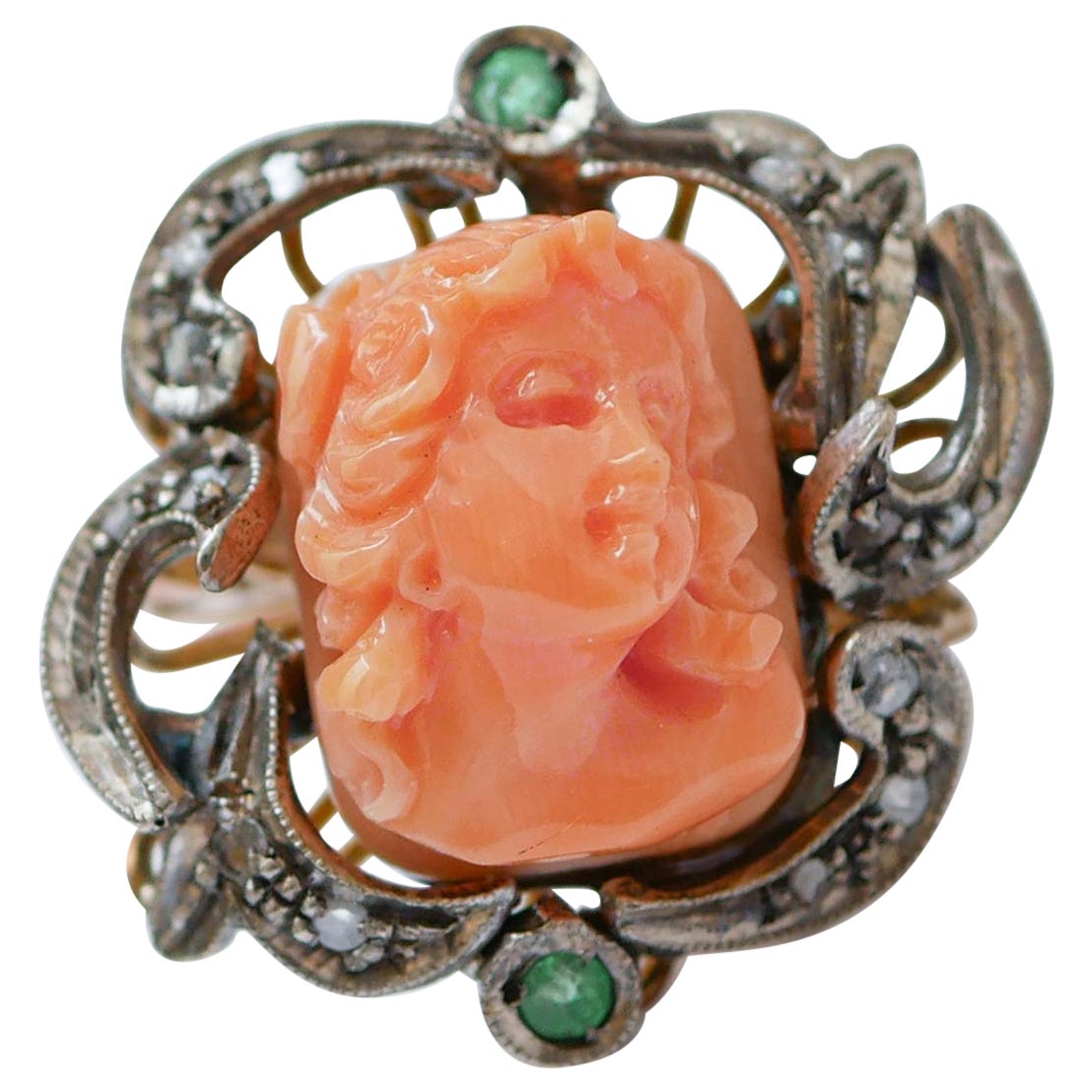 Coral, Diamonds, Emeralds, 14 Karat Rose Gold and Silver Ring.